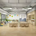 Spacious Kindergarten Interior With Wooden Tables Chairs Bookshelves Toys Windows And Green Pendant Lights