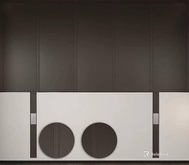 Modern Bedroom Accent Wall With Dark Vertical Panels Circular Leather Decor And Black Metal Strips 3d model 