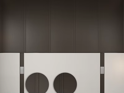 Modern Bedroom Accent Wall With Dark Vertical Panels Circular Leather Decor And Black Metal Strips 3d model