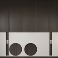 Modern Bedroom Accent Wall With Dark Vertical Panels Circular Leather Decor And Black Metal Strips