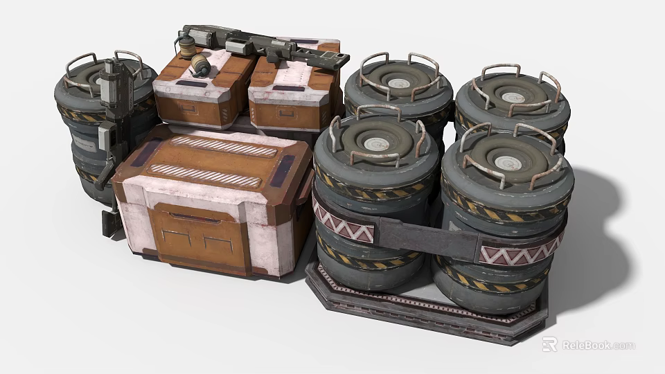 Heavy Duty Industrial Equipment With Metal Drums Storage Crates And Mechanical Parts 3d model 