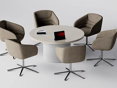 Modern Round Table And Upholstered Chairs Set With Laptop And Magazine On Top 3d model