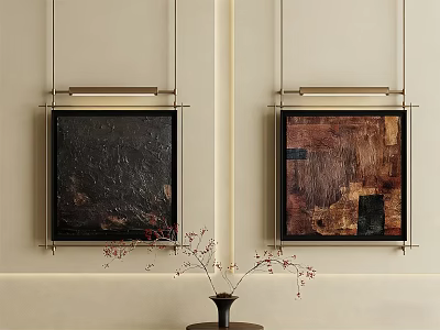 Abstract Paintings on Beige Wall with Metallic Frames and Decorative Vase with Thin Branches 3d model