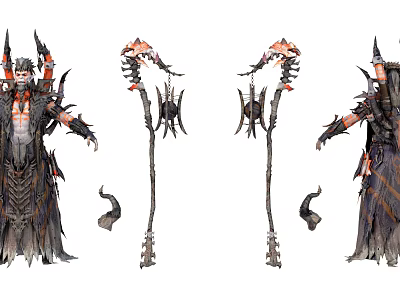 Dark Fantasy Game Character With Spiked Armor Robe And Mystic Staff 3d model