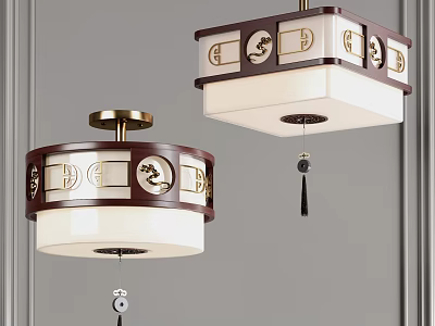 Traditional Chinese Style Wooden Chandelier With Circular Patterns White Lampshade And Tassel Decoration 3d model