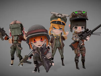 Cartoon Military Themed Characters Holding Weapons With Different Expressions And Gear 3d model
