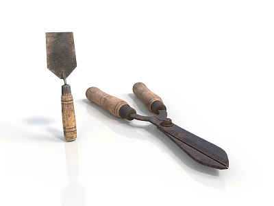 Vintage Garden Tools Old Shovel And Pruning Shears With Wooden Handles 3d model