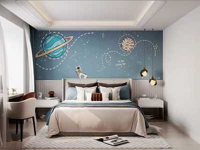 Space Theme Kids Room With Blue Wall Planets Astronaut Bed Nightstands And Pendant Lights 3d model