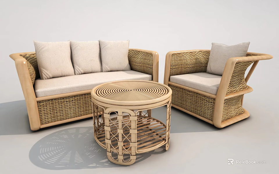 Natural Wicker Sofa and Coffee Table Set with Light Colored Cushions and Round Table Design 3d model 