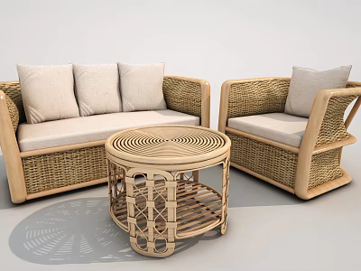 Natural Wicker Sofa and Coffee Table Set with Light Colored Cushions and Round Table Design 3d model