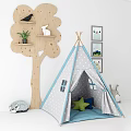 Kids Room With Blue White Polka Dot Play Tent Tree Shaped Wooden Shelf And Art