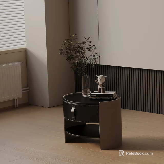 Modern Black Side Table with Drawer Decorative Figurine and Potted Plant in Minimalist Living Room 3d model 