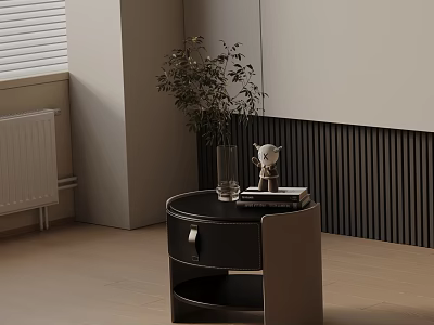 Modern Black Side Table with Drawer Decorative Figurine and Potted Plant in Minimalist Living Room 3d model