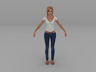 Woman Wearing White T-shirt And Blue Jeans Standing Barefoot Against Gray Background 3d model