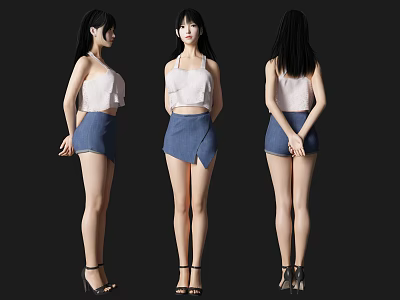 Woman Wearing White Top Blue Denim Shorts Black High Heels Three Angles 3d model