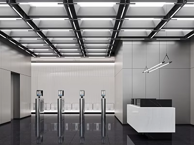Modern Minimalist Office Reception Desk With Smart Facial Recognition Turnstiles In Sleek Bright Commercial Lobby 3d model