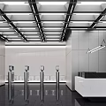 Modern Minimalist Office Reception Desk With Smart Facial Recognition Turnstiles In Sleek Bright Commercial Lobby