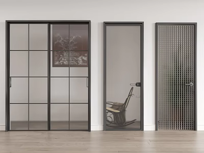 Modern Interior Hinged Doors With Black Frame Grid Glass And Mesh Design 3d model
