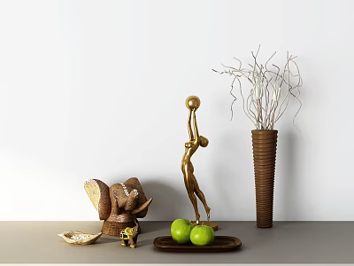 Decorative Ornament Set With Golden Human Figure Elephant Figurine Green Apples And Brown Vase 3d model