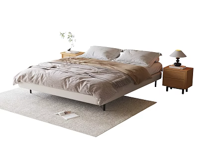 Modern Double Bed with Bedside Tables Small Plant Table Lamp Rug and Book 3d model