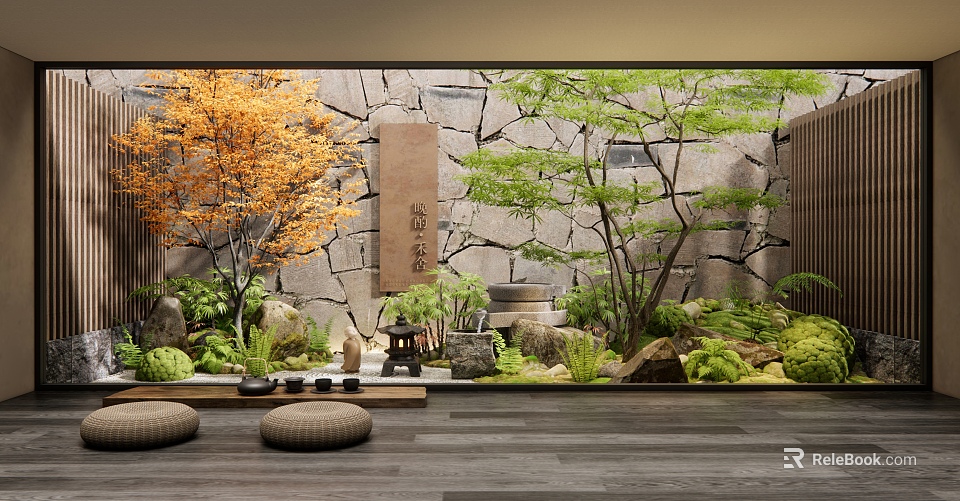 Japanese Courtyard Garden with Stone Wall Orange Tree Green Plants and Cushions 3d model 