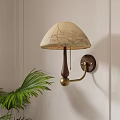 Beige Patterned Shade Wall Lamp With Wooden Pole Brass Bracket Mounted On Light Wall