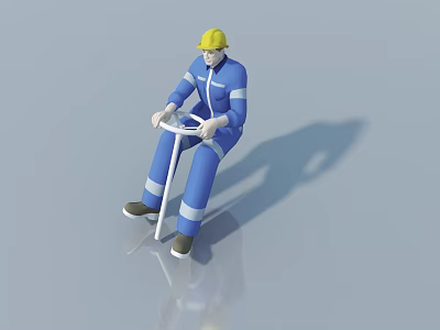 Game Movie Character In Blue Work Uniform With Yellow Hard Hat Sitting And Holding Handle 3d model