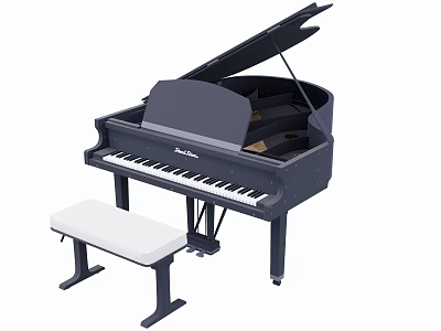 Classic Black Grand Piano Musical Instrument with White Bench and Wooden Legs 3d model
