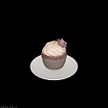 Red Velvet Cupcake With White Cream Frosting And Pink Rose Decoration On White Plate