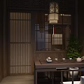 Traditional Teahouse Interior Design With Wooden Stage Colorful Lanterns And Classic Tables Chairs