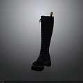 Black Knee High Leather Boots With Lace Up Front Platform Sole And Golden Accents