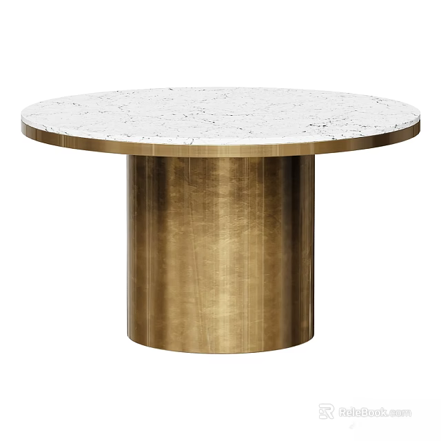 Round Functional Table With White Marble Tabletop And Gold Cylindrical Base 3d model