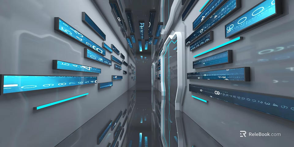 Futuristic Tech Corridor With Multiple Digital Screens Blue Lighting And Smooth Floors 3d model 