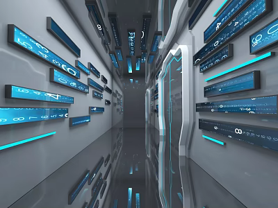 Futuristic Tech Corridor With Multiple Digital Screens Blue Lighting And Smooth Floors 3d model