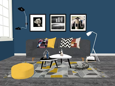 Modern Interior Sofa Coffee Table Set With Blue Wall Art Colorful Pillows And Geometric Rug 3d model