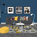 Modern Interior Sofa Coffee Table Set With Blue Wall Art Colorful Pillows And Geometric Rug