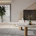 Modern Minimalist Living Dining Room Interior With Sofa Coffee Table Wooden Shelves And Rug