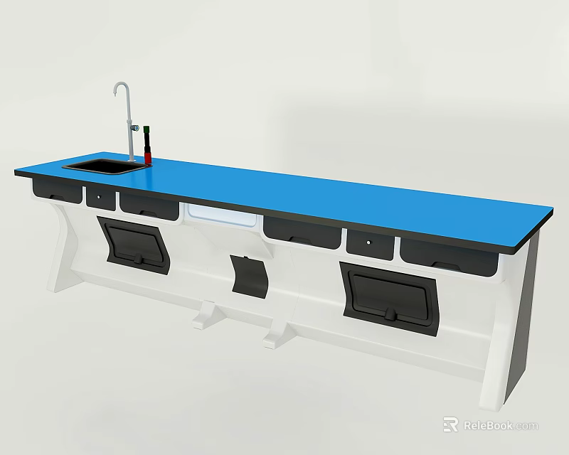 Laboratory Workbench With Blue Countertop White Cabinetry Black Drawers And Faucet 3d model 