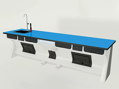 Laboratory Workbench With Blue Countertop White Cabinetry Black Drawers And Faucet 3d model