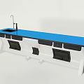 Laboratory Workbench With Blue Countertop White Cabinetry Black Drawers And Faucet