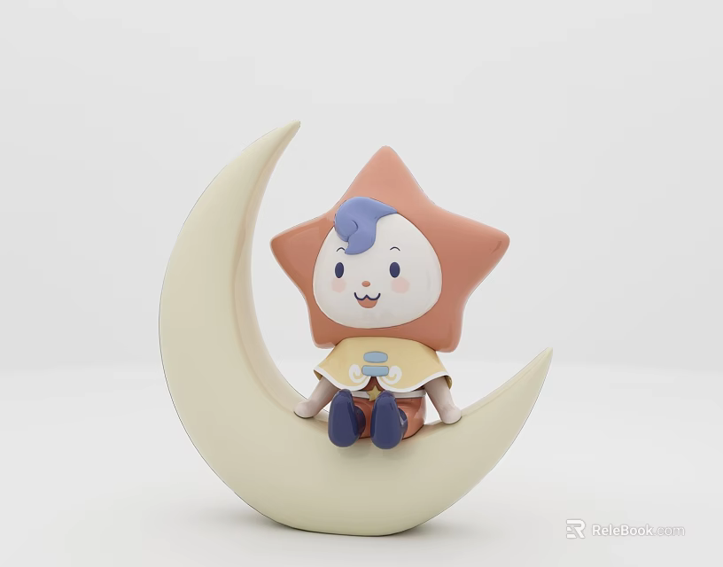 Cute Star Shaped Doll Sitting On Moon Crescent With Blue Hair And Yellow Scarf 3d model 