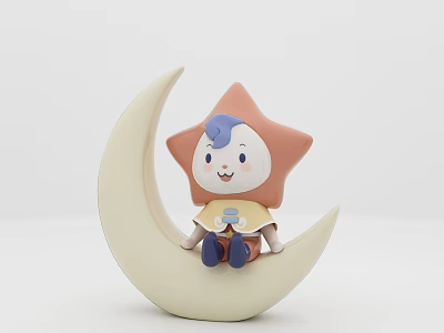 Cute Star Shaped Doll Sitting On Moon Crescent With Blue Hair And Yellow Scarf 3d model