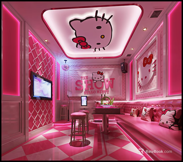 Hello Kitty Themed KTV Room With Pink Decor And Interior Design Elements 3d model