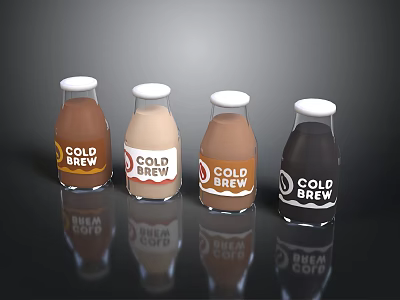 Assorted Cold Brew Coffee Glass Bottles With White Caps And Different Colors 3d model