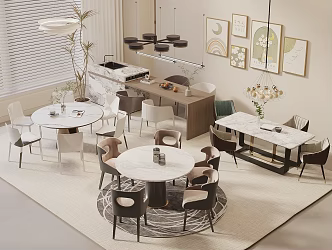 Modern Cream Style Dining Table and Chair Combination Long Table Round Table Island Table Dining Table and Chair Combination Restaurant Chandelier 3d model