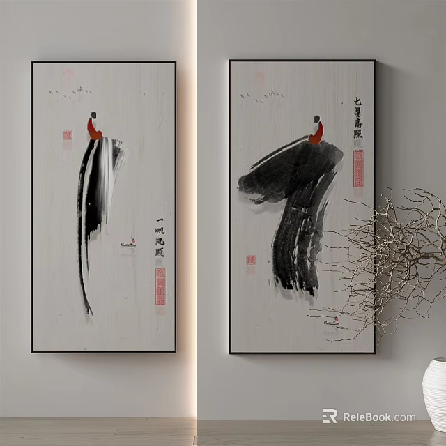 Chinese Style Wall Art With Ink Paintings Calligraphy And Branch Decor 3d model 