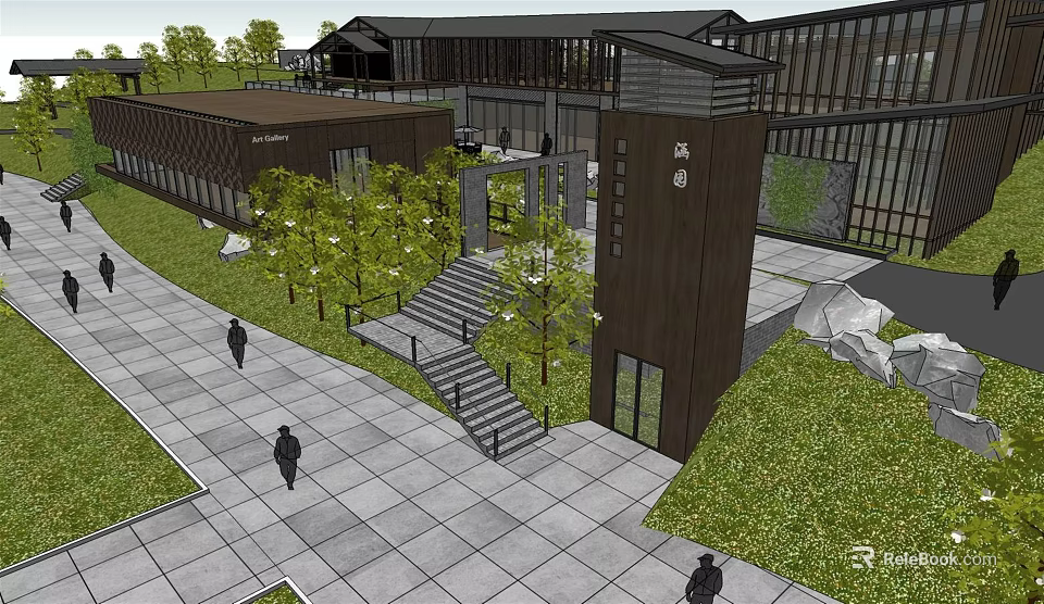 Modern Architectural Complex With Wooden Structure Green Trees Stone Steps And Pedestrians Walking 3d model 