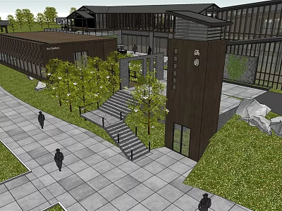 Modern Architectural Complex With Wooden Structure Green Trees Stone Steps And Pedestrians Walking 3d model