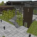 Modern Architectural Complex With Wooden Structure Green Trees Stone Steps And Pedestrians Walking