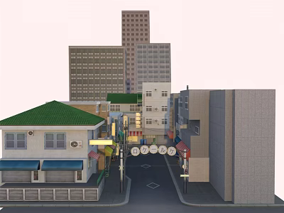 Traditional And Modern Commercial Street With Green Roof Shops Multi Storey Buildings And Pedestrian Walkway 3d model